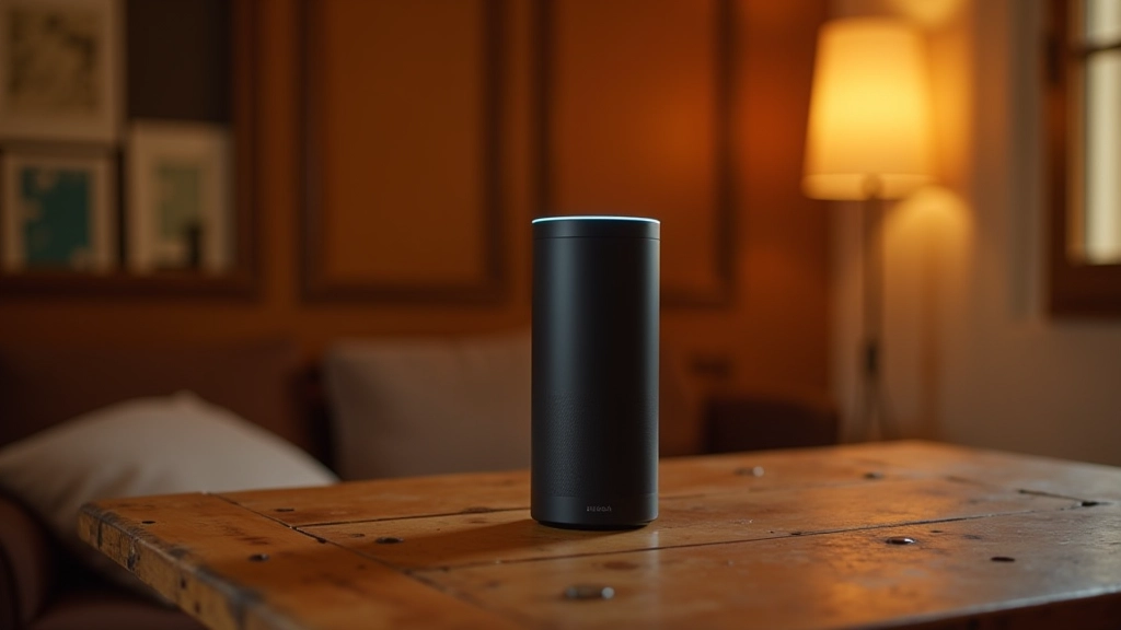 Assistente vocale Amazon Echo su tavolo di legno toscano con interfaccia luminosa