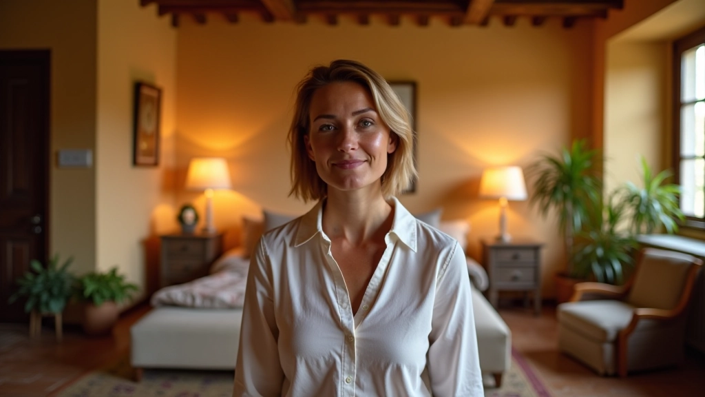 Interno di casa toscana con tecnologia domotica intelligente integrata naturalmente, illuminazione calda, comfort moderno