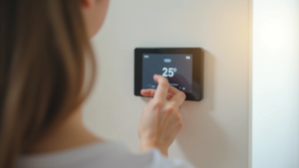 Mano che regola termostato intelligente sulla parete di casa con display digitale