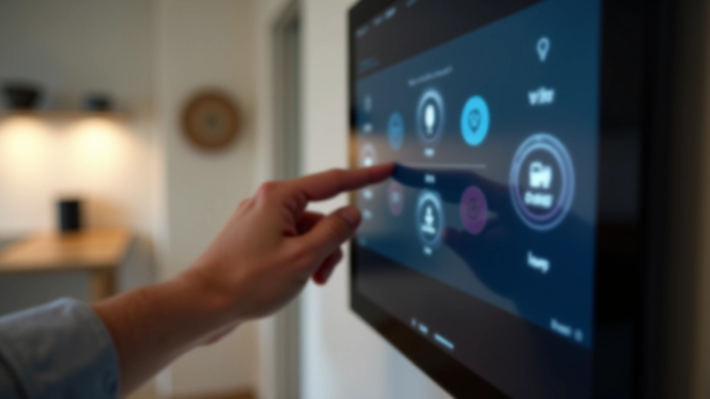 Mano che tocca uno smart display con interfaccia vocale illuminata, mostrando icone di controllo domestico