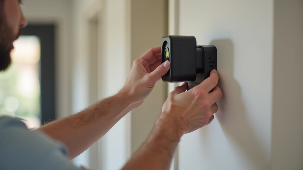 Mani che collegano una telecamera intelligente alla parete accanto a una porta d'ingresso, cavi e hardware di montaggio visibili