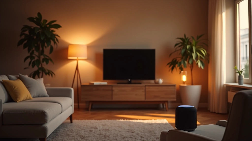 Salotto moderno con assistente vocale intelligente e dispositivi domotici integrati in ambiente contemporaneo
