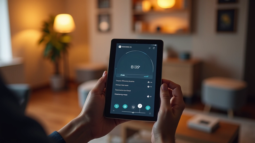 Interfaccia di controllo domotica moderna su tablet in un salotto contemporaneo con dispositivi intelligenti