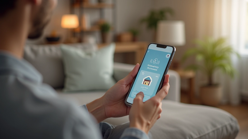 Persona che controlla impianto domotico da smartphone, applicazione mobile che mostra temperatura ambiente e modalità di riscaldamento