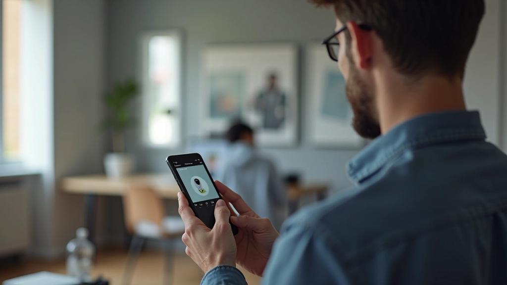 Persona che controlla le telecamere di sicurezza domestica tramite smartphone, schermo illuminato che mostra il feed della videocamera