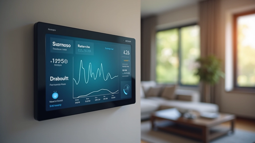 Schermo di controllo domotico moderno che mostra grafico dei consumi energetici e statistiche di risparmio in tempo reale