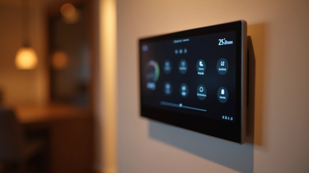 Pannello di controllo domotico touch screen con icone illuminate e interfaccia intuitiva