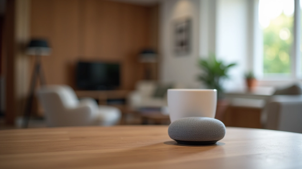 Altoparlante intelligente smart speaker su tavolo con sfondo di casa moderna controllato da assistente vocale