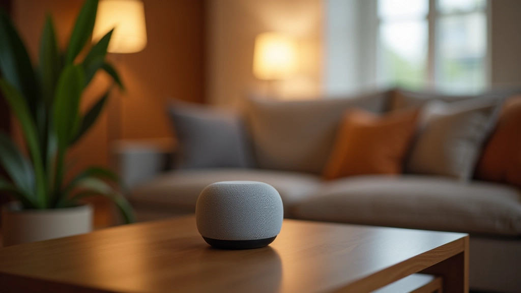 Schermo intelligente con assistente vocale in salotto moderno con arredamento contemporaneo