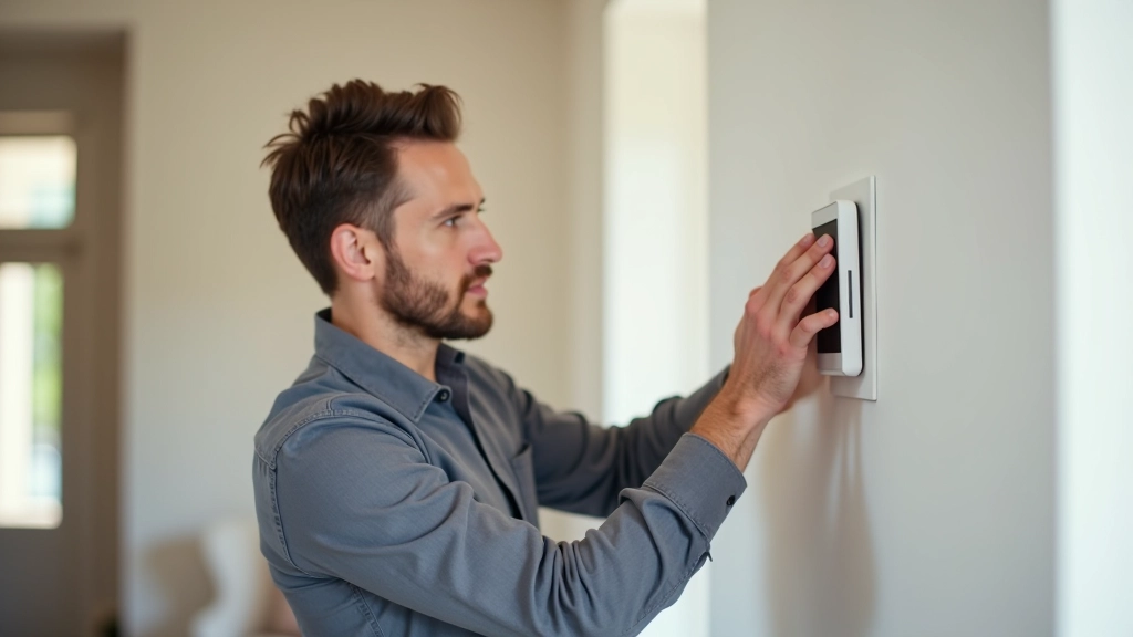 Tecnico professionista che installa dispositivo domotico intelligente su parete in interno toscano moderno