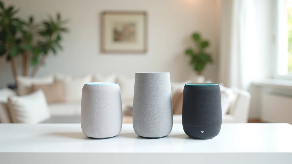 Tre diversi smart speaker allineati su un ripiano, mostrando design differenti di Alexa, Google Home e HomePod