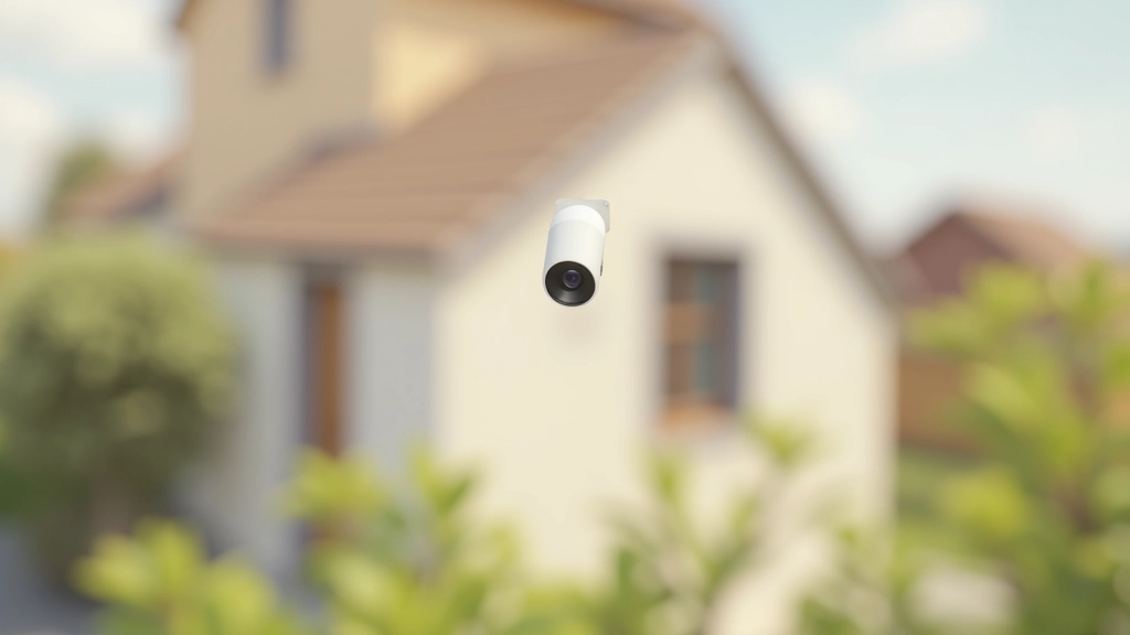 Telecamera di sicurezza intelligente bianca montata sotto gronda di casa, lente visibile, LED rosso di registrazione