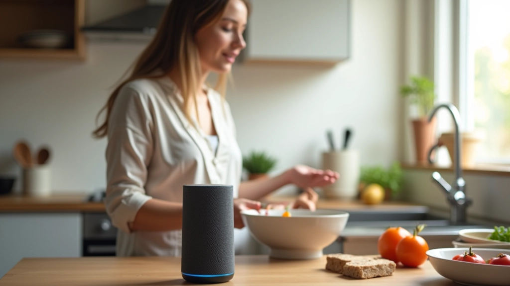 Persona che parla con uno smart speaker in cucina durante la preparazione dei pasti